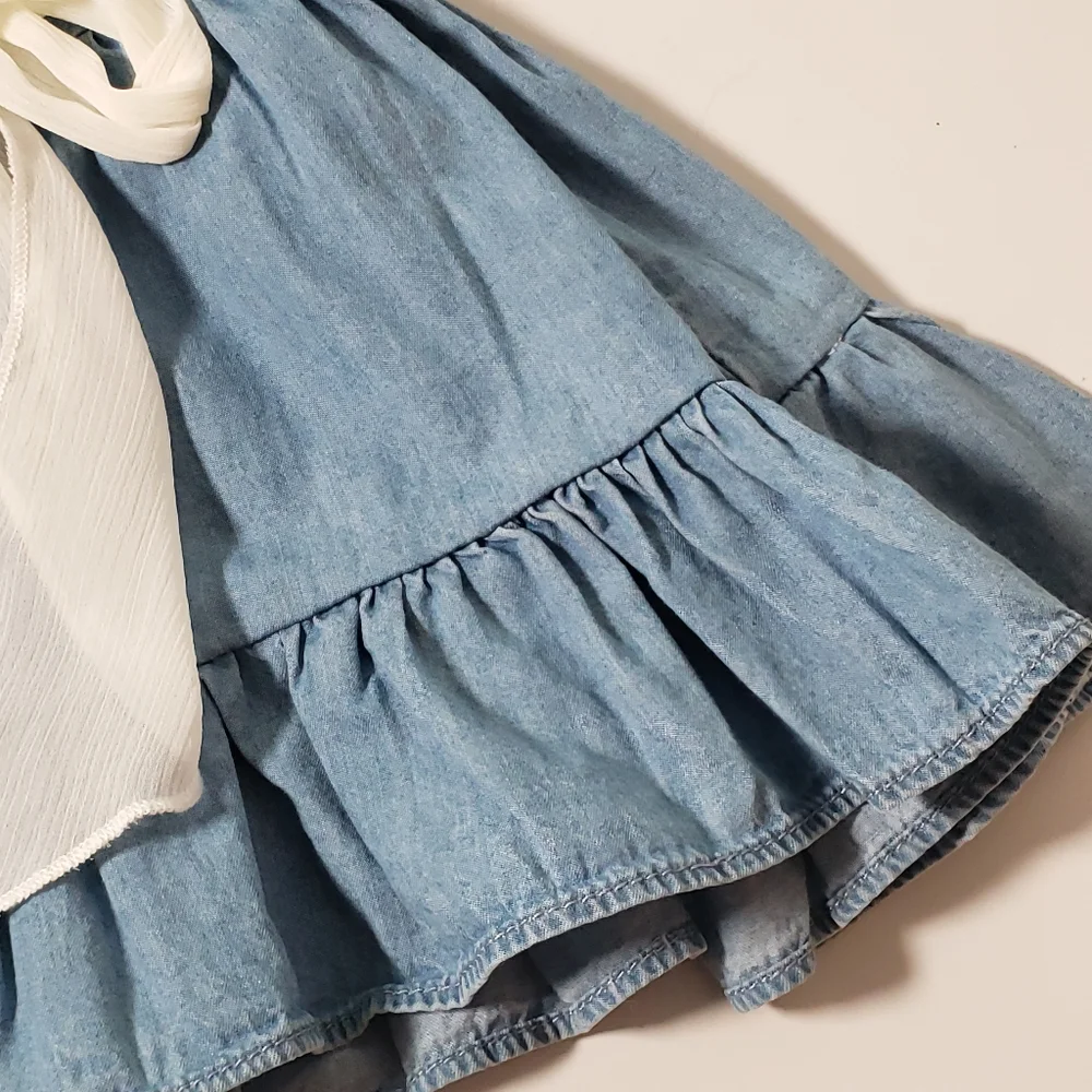 Vintage Guess Kids Denim Ruffles Tiered Bling Rheinstones Sheer Tie Fit Flare Dr